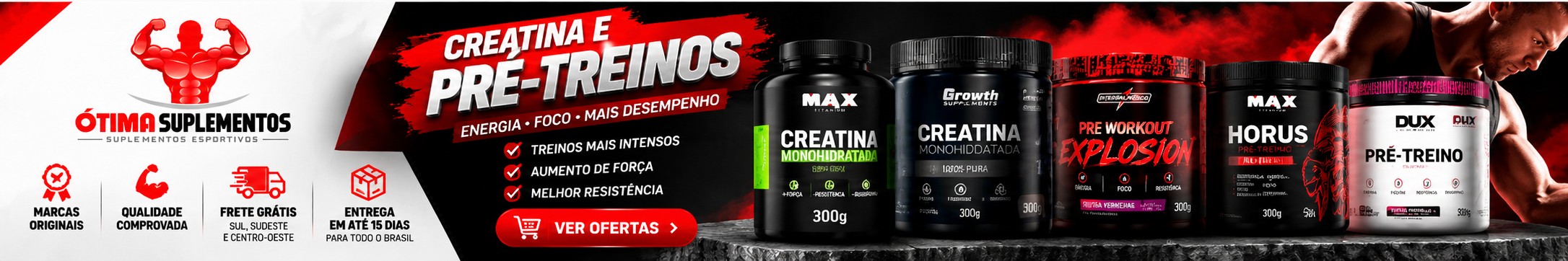 Ofertas de creatina e pré-treinos